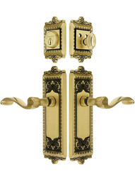 Grandeur Windsor Entry Door Set, Keyed Alike with Portofino Levers in Antique Brass.